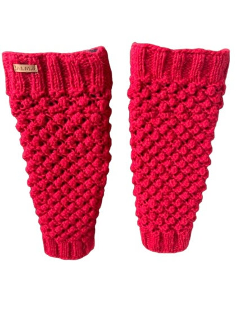 100% Lamb Wool Leg warmers Hand Knit Chunky Fair Trade Fleece Lined Fair isle Leg Warmers Popcorn Design Alma Knitwear Red