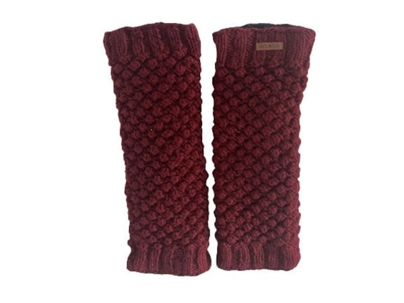 100% Lamb Wool Leg warmers Hand Knit Chunky Fair Trade Fleece Lined Fair isle Leg Warmers Popcorn Design Alma Knitwear Maroon