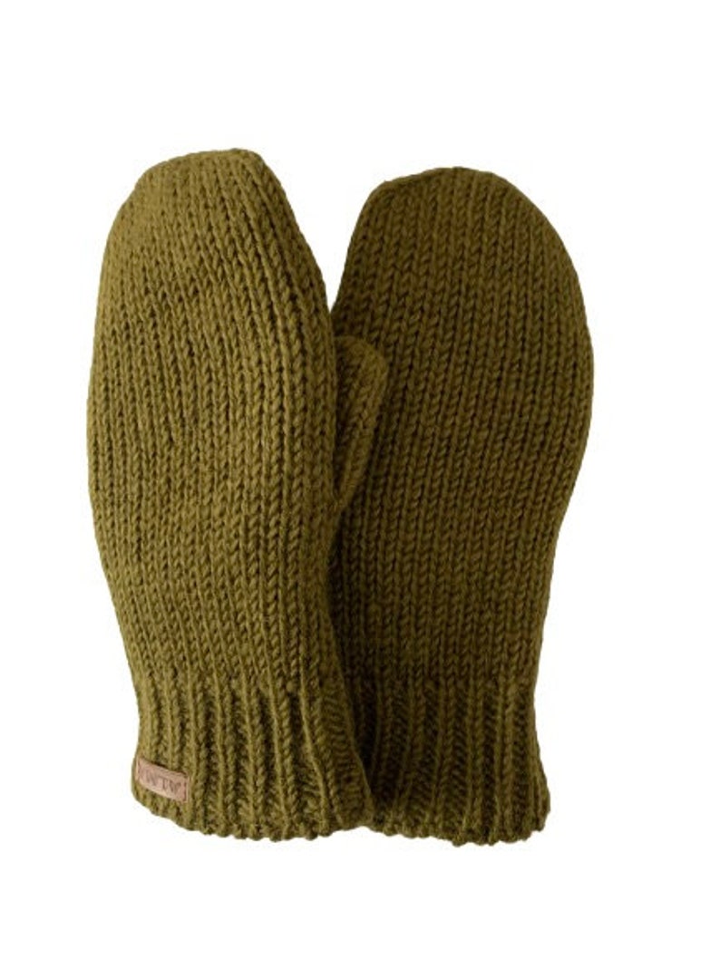 100% Lamb Wool Unisex Mittens Hand Knitted Gloves Fleece Lined Mittens Women Winter Mittens Fair Trade Eco Friendly Alma Knit Olive