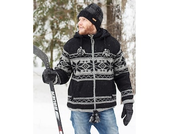Hand-Knitted Lamb Wool Fair Isle Hooded Sweater: Fleece Lined, Detachable Hood, Fair Trade