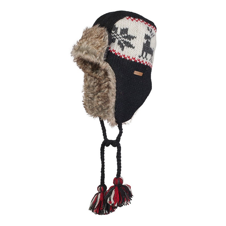 Hand Knitted Trapper Hat, 100% Wool, Faux Fur Lined, Nordic Design, Aviator Winter Hat, Winter Unisex Trapper, Fair Trade, Alma Knitwear Black | Noir