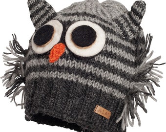 100% Lamb Wool Handmade Owl Striped Fleece Lined Grey Winter Beanie