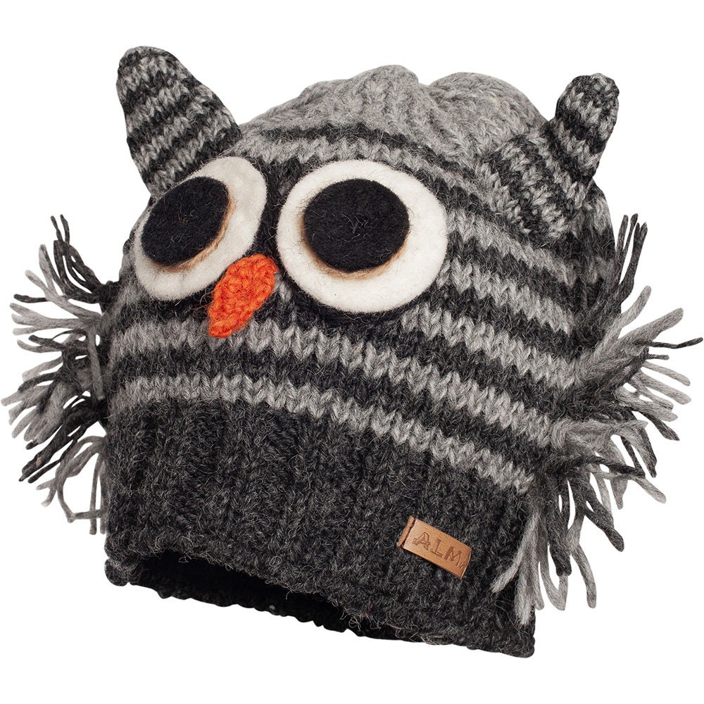 Handmade Lamb Wool Owl Hat: Fleece Lined Knit Beanie, Warm Ski Tuque, Fair Trade