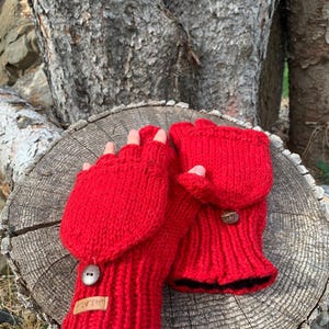 100% Pure  Wool - Fleece Lined - Texting Mittens - Flip Gloves - Hand knit - Fair Trade- convertible gloves - Alma Knitwear - Ethical - Warm