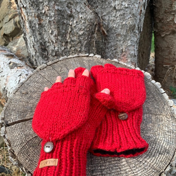 Hand Knit Lambswool Flip Mittens: Fleece Lined Convertible Gloves