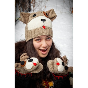 100% Lamb Wool, Fleece Lined, Puppy Beanie - Winter Hat, Hand knit, Animal Beanie, Bobble Beanie - Alma Knitwear - Fair Trade - Alma Knit