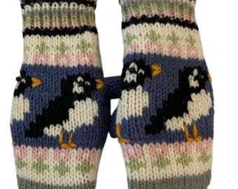 Hand Knit Wool Puffin Mittens: Fleece Lined Winter Gloves, Fair Trade