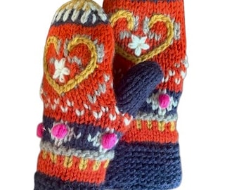 Manoplas de lana de cordero 100% - Forro polar - Corazón y flor bordados a mano - Guantes de lana - Regalo para San Valentín- Ropa ética - Alma Knit