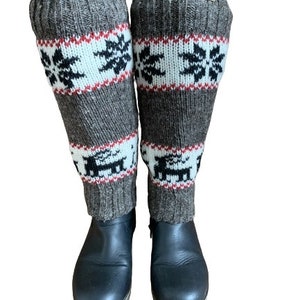 100% Lamb Wool Hand Knitted Leg Warmers Snowflake Rein Deer Design Winter Leg Warmers Ethical Women Leg Warmer Alma Knitwear Dark Natural