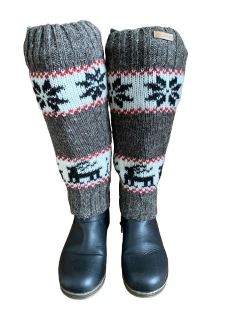 100% Lamb Wool Hand Knitted Leg Warmers Snowflake Rein Deer Design Winter Leg Warmers Ethical Women Leg Warmer Alma Knitwear Dark Natural