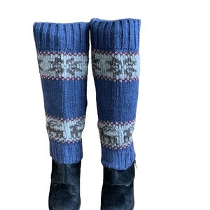 100% Lamb Wool Hand Knitted Leg Warmers Snowflake Rein Deer Design Winter Leg Warmers Ethical Women Leg Warmer Alma Knitwear Denim