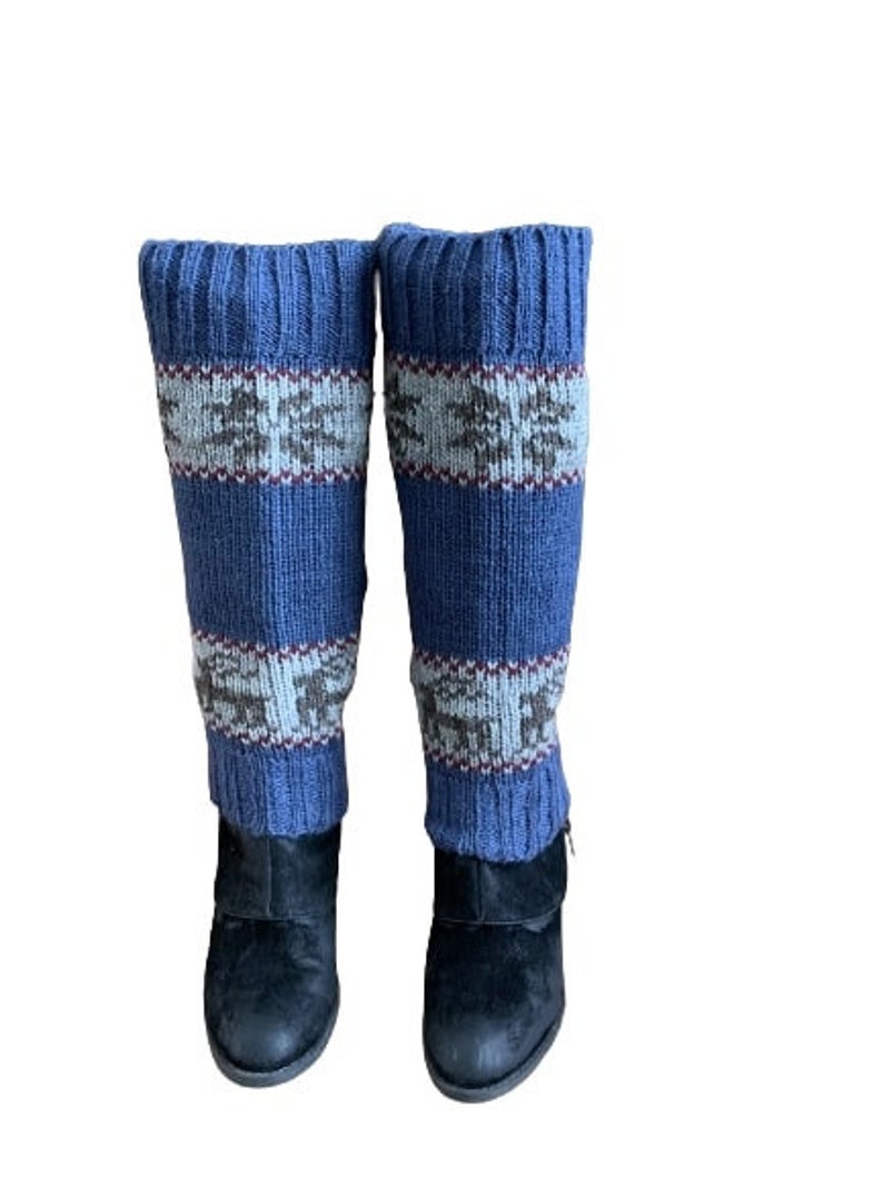 100% Lamb Wool Hand Knitted Leg Warmers Snowflake Rein Deer Design Winter Leg Warmers Ethical Women Leg Warmer Alma Knitwear Denim