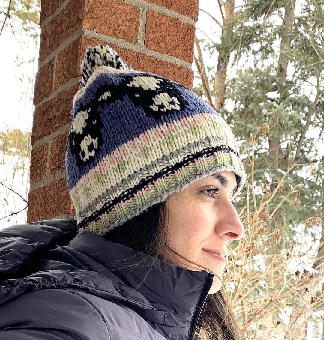 Hand Knit Wool Beanie: Holstein Cow Design, Fleece Lined  display picture 1