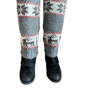 100% Lamb Wool Hand Knitted Leg Warmers Snowflake Rein Deer Design Winter Leg Warmers Ethical Women Leg Warmer Alma Knitwear Gray