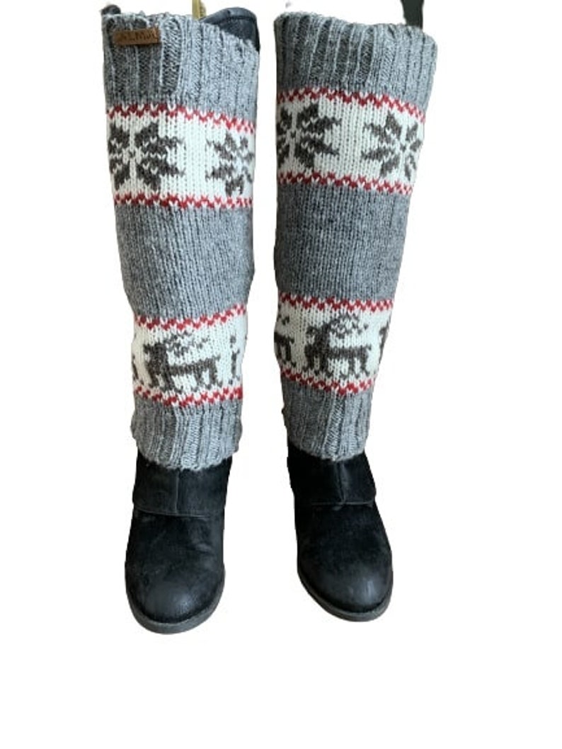 100% Lamb Wool Hand Knitted Leg Warmers Snowflake Rein Deer Design Winter Leg Warmers Ethical Women Leg Warmer Alma Knitwear Gray