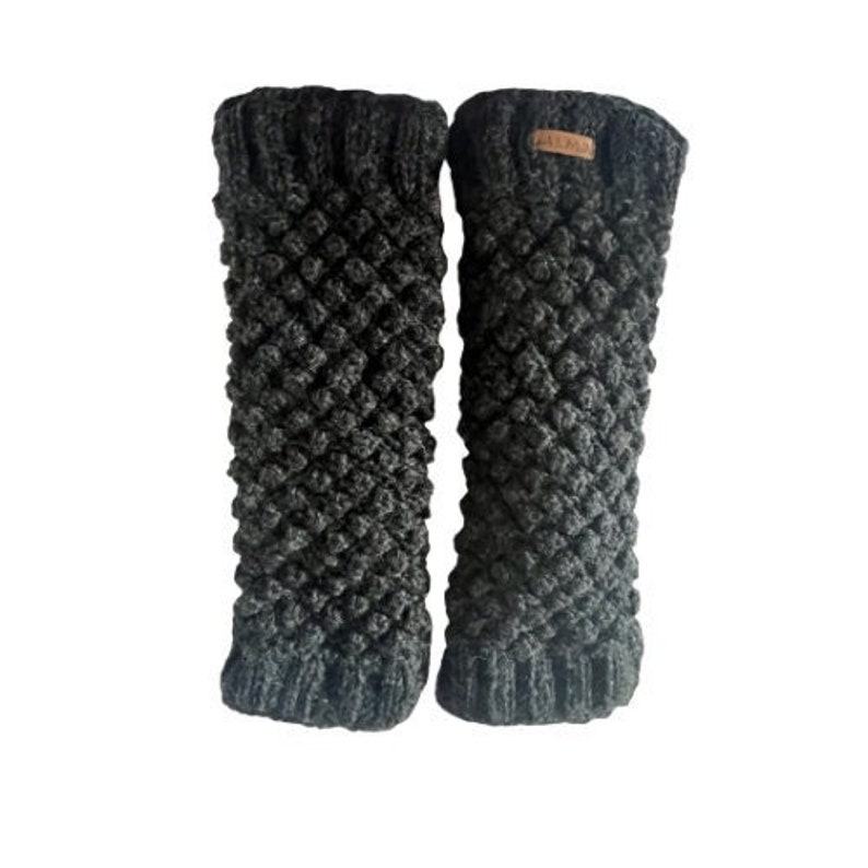 100% Lamb Wool Leg warmers Hand Knit Chunky Fair Trade Fleece Lined Fair isle Leg Warmers Popcorn Design Alma Knitwear Charcoal