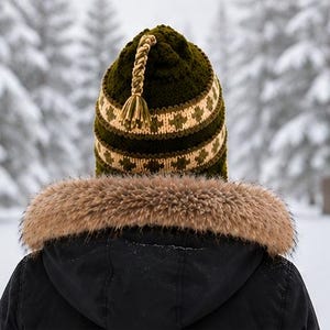 May include: A dark olive green knit beanie featuring a braided tassel at the crown and two horizontal bands with a cream-colored geometric pattern. The beanie is worn with a black hooded jacket that has a thick, light brown faux fur trim.