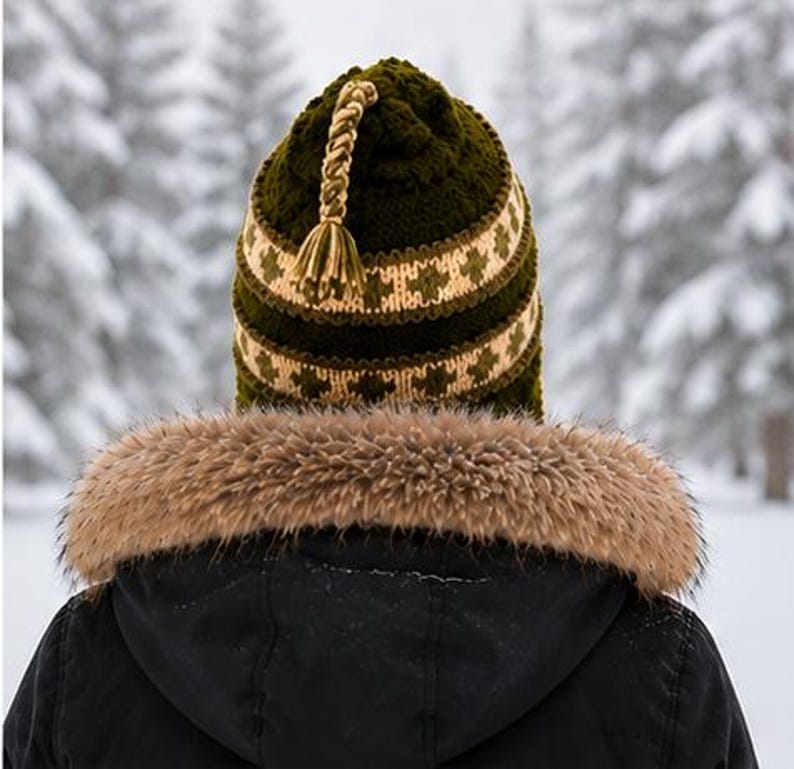 May include: A dark olive green knit beanie featuring a braided tassel at the crown and two horizontal bands with a cream-colored geometric pattern. The beanie is worn with a black hooded jacket that has a thick, light brown faux fur trim.
