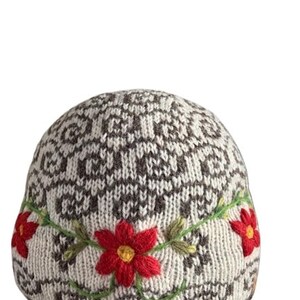 100% Lamb Wool Hand knitted Embroidered Flower Fleece Lined Beanie Fair Ile Winter Hat Bobble Beanie Gift For Her Women's Hat image 7