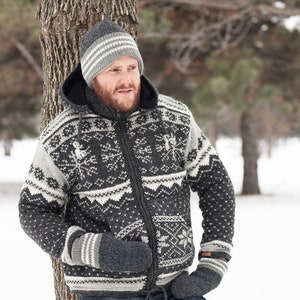100% Soft Lamb Wool Coat Norwegian Sweater Fleece Lined Hand knitted Warm Sweater Detachable Hood Fair Trade Alma Knitwear image 1