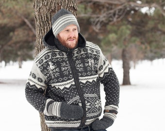 100% Soft Lamb Wool Coat- Norwegian Sweater- Fleece Lined - Hand knitted - Warm Sweater - Detachable Hood - Fair Trade - Alma Knitwear
