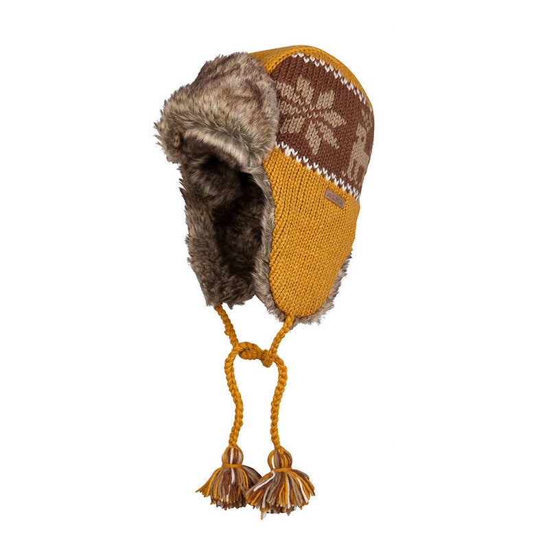 Chapeau de trappeur tricoté à la main, 100 % laine, doublure en fausse fourrure, design nordique, chapeau d'hiver aviateur, trappeur unisexe d'hiver, commerce équitable, tricots Alma Mustard