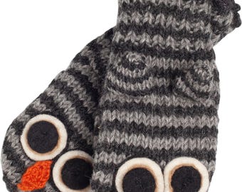 Mitones de búho de lana de cordero hechos a mano: prendas de punto de comercio justo, guantes cálidos de invierno