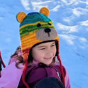 100%  Wool, Kid Size Tuque, Bear Rainbow Unisex Hat, Fleece Lined,  Hand Knitted Winter Hat, Christmas Hat, Fair Trade, Children Earflap Hat