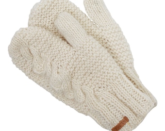 100% Lamb Wool Handmade Cable Knit Winter Fleece Lined Mittens