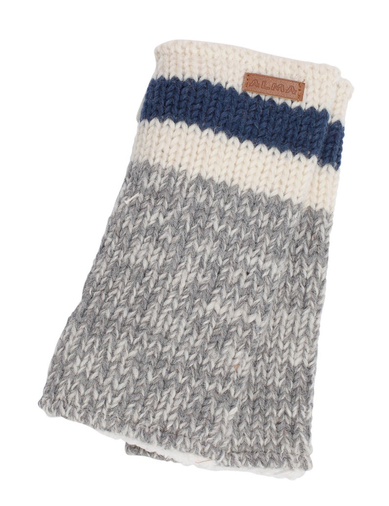100% Lamb Wool Handmade Winter Sherpa Fleece Lined Hands Warmer/Fingerless Gloves Blue