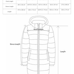 May include: A diagram showing the measurements for a jacket in different sizes. The measurements are shown in inches and centimeters. The sizes are S, M, L, XL, and XXL.