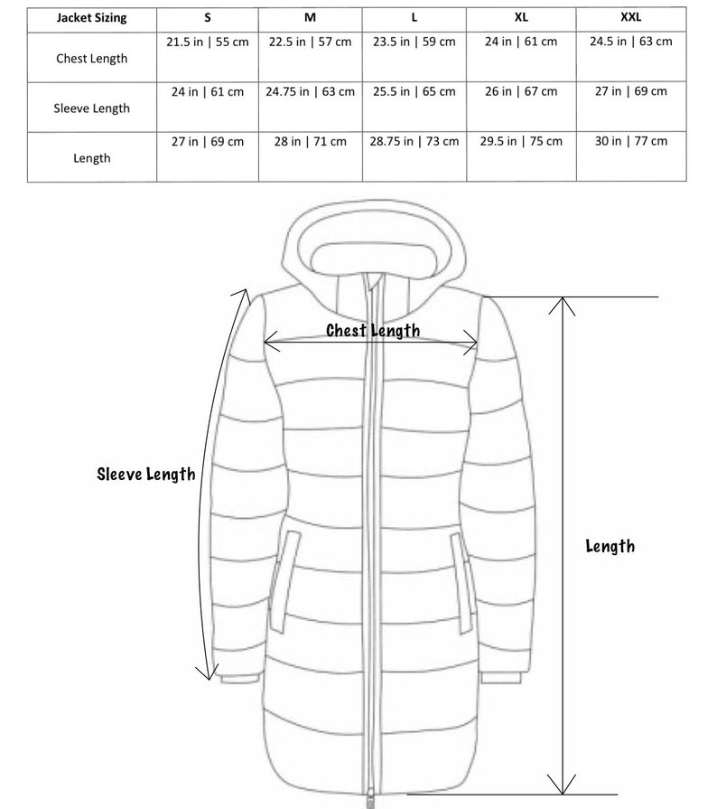 May include: A diagram showing the measurements for a jacket in different sizes. The measurements are shown in inches and centimeters. The sizes are S, M, L, XL, and XXL.