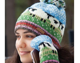 100% Lambswool Sheep Beanie for Women – Fleece Lined Winter Hat – Handmade Cozy Knit Hat with Herd of Sheep Design- Fair Trade -Gift For Her