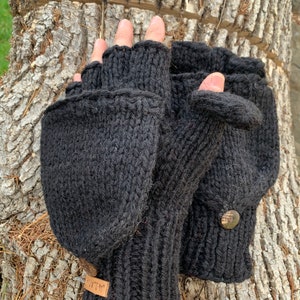 100% Pure  Wool - Fleece Lined - Texting Mittens - Flip Gloves - Hand knit - Fair Trade- convertible gloves - Alma Knitwear - Ethical - Warm