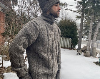 Hand Knitted Lamb Wool Cable Sweater: Sherpa Lined 1/4 Zip, Fair trade jumper,