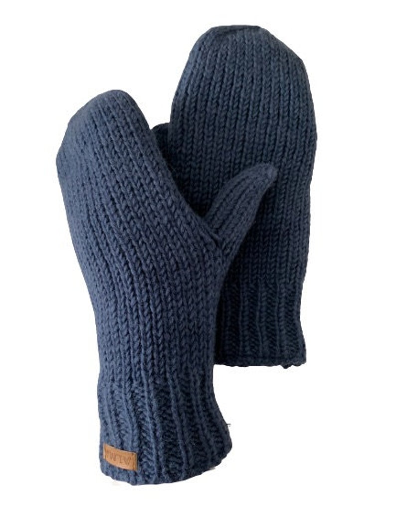 100% Lamb Wool Unisex Mittens Hand Knitted Gloves Fleece Lined Mittens Women Winter Mittens Fair Trade Eco Friendly Alma Knit Denim