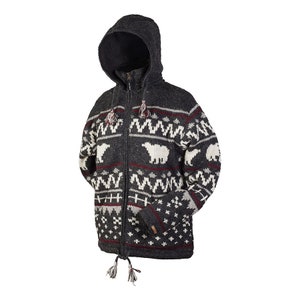 May include: A gray hooded sweater with a white and red polar bear pattern. The sweater has a zipper closure and a drawstring at the bottom.