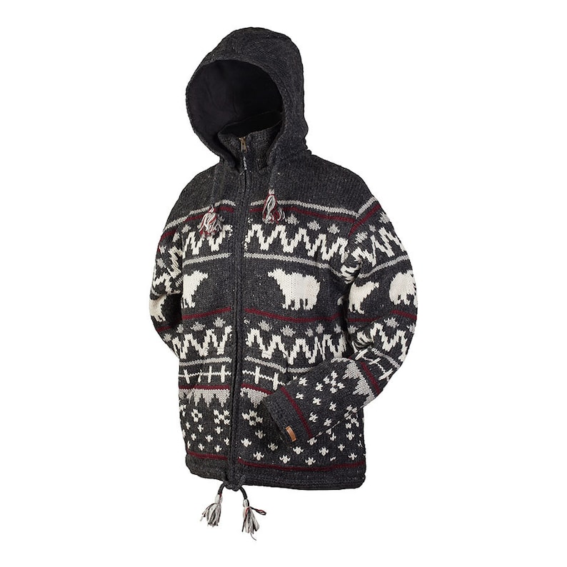 May include: A gray hooded sweater with a white and red polar bear pattern. The sweater has a zipper closure and a drawstring at the bottom.