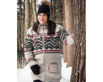 100% Soft Lamb Wool Coat- Women's Long Jacket- Norwegian Sweater- Fleece Lined - Hand knitted - Warm Sweater - Detachable Hood - Fair Trade