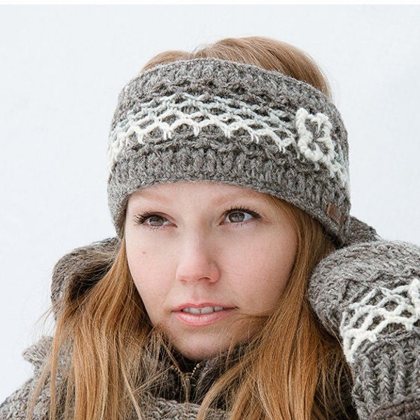 100% Lamb Wool Crochet Flower Knit Design Handmade Fleece Lined Winter Warm Ski Alma Headband