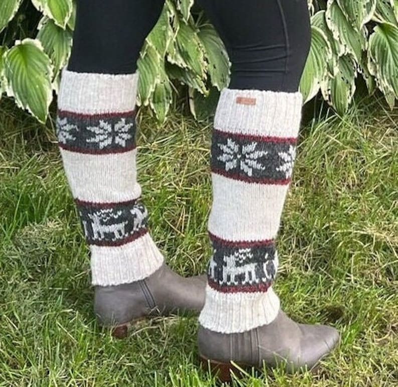 100% Lamb Wool Hand Knitted Leg Warmers Snowflake Rein Deer Design Winter Leg Warmers Ethical Women Leg Warmer Alma Knitwear Light Natural