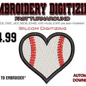 May include: A red and white baseball heart design embroidery file for $4.99.  The file is ready to be embroidered and can be downloaded automatically.  The file is available in PES, DST, JEF, SEW, EMB, VIP, HUS, EXP, or any format.