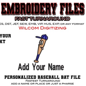 Custom Cartoon Baseball Bat - add your Text - file converting - SVG - digital files - Best Digitizing - Business Logo - Digitize Logo -