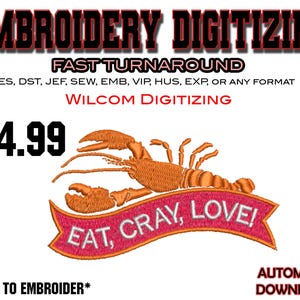Ät Galen Kärlek - Digitalisering av broderi - Embed-filer - Pes exp - svg - digitala filer - Bästa digitalisering - matlogotyp - Hantverksdesign - crawdad