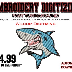 Può includere: Un disegno di ricamo digitale di uno squalo dei cartoni animati con un ghigno pieno di denti. Il disegno è disponibile per il download in più formati, tra cui PES, DST, JEF, SEW, EMB, VIP, HUS, EXP e altro ancora. Il disegno costa 4,99 € ed è pronto per essere ricamato.