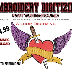 File DST a cuore alato - Digitalizzazione del ricamo - File Emb - DST - SVG - file digitali - Migliore digitalizzazione - Logo aziendale - Disegni artigianali