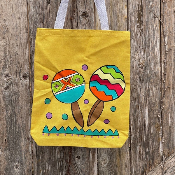 Hand Painted Handbag | Mexican Art Tote Bag | "Maracas"