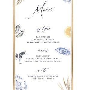 May include: A gold framed menu with a watercolour design featuring a crab, oysters, fish, and a lemon. The menu lists starters, mains, and desserts. The starters are raw oysters, ahi tuna tostadas, and lemon garlic shrimp kebob. The mains are filet mignon, crab cake with Chesapeake aioli, and sesame crusted Chilean sea bass. The desserts are Berger cookie layer cake and espresso martinis.