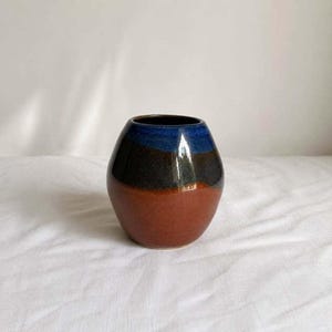 Signed Studio Pottery Vase, Hand Thrown Stoneware, Blue Brown Drip Glaze, Small Rustic Ceramic Vase, Artisan Home Decor