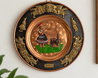 Vintage Peruvian Copper Brass Wall Plate, 11” Andean Woman Llama Folk Art, Handcrafted Peru Decorative Plate, South American Wall Decor